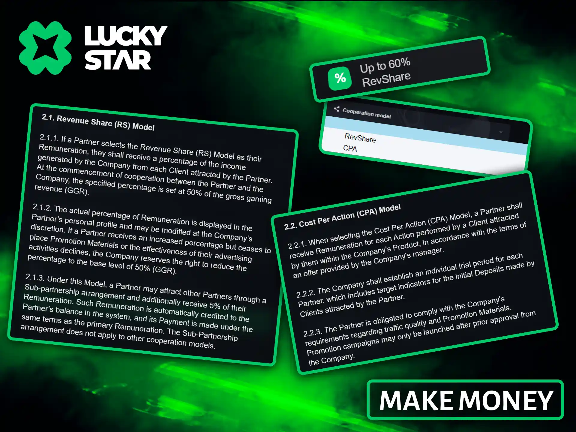 Review the terms and conditions to successfully earn money by promoting digital offers on Lucky Star.