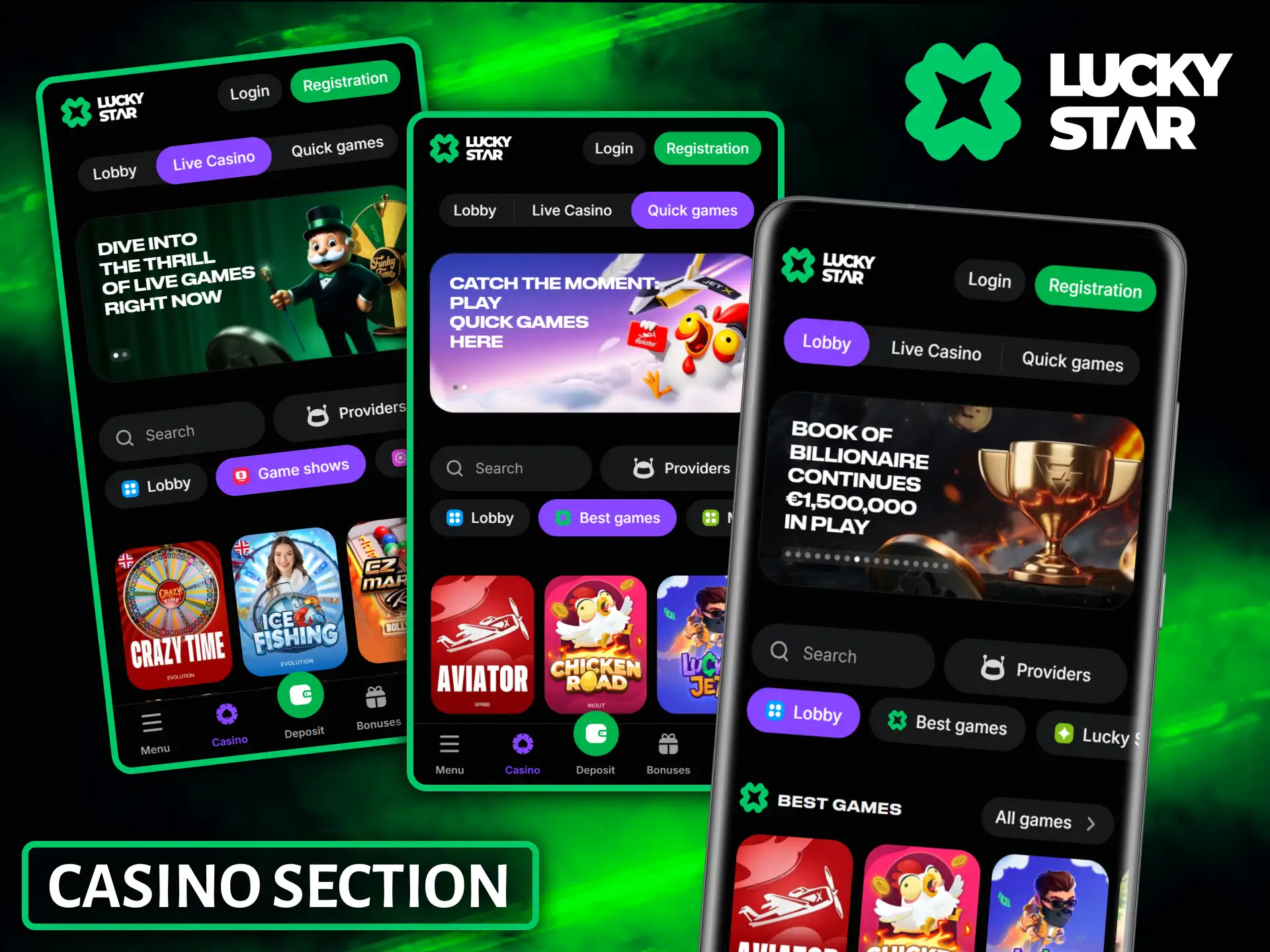 Explore a huge variety of exciting games inside the Lucky Star mobile casino section.