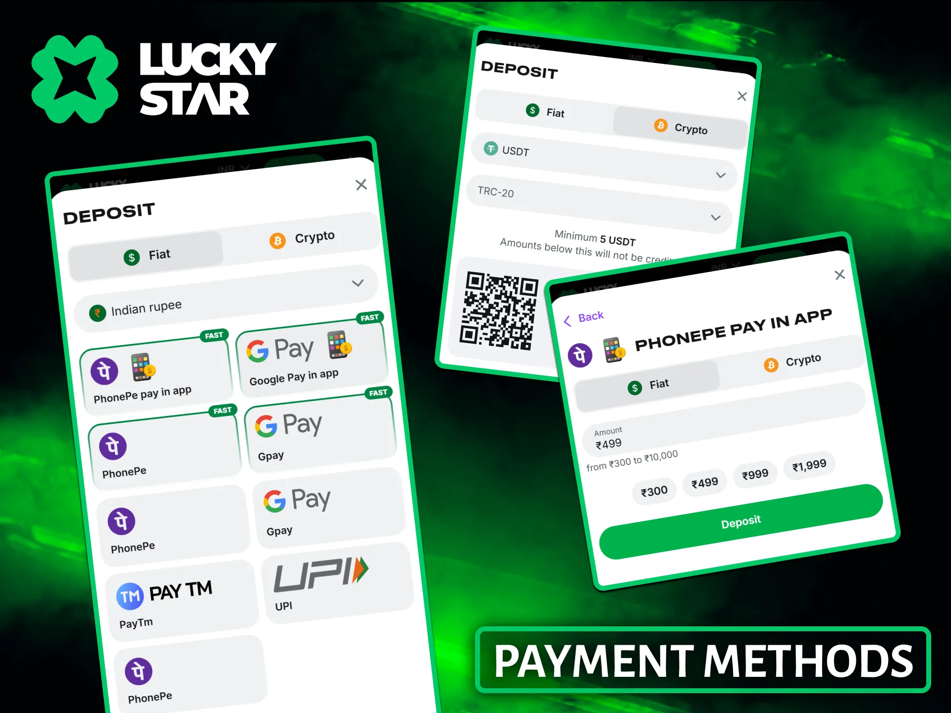 The Lucky Star app supports a variety of convenient payment methods.