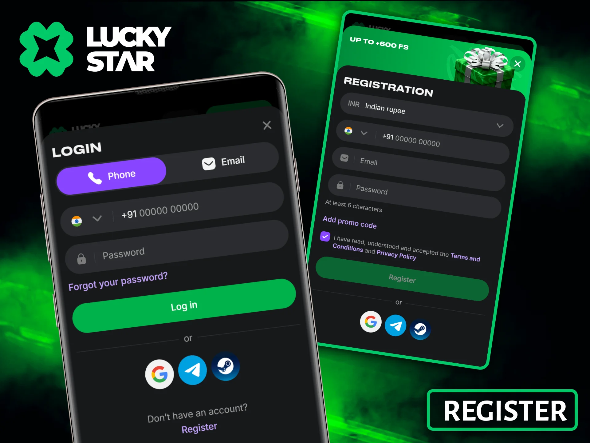 The Lucky Star mobile application offers user-friendly login and fast registration screens.