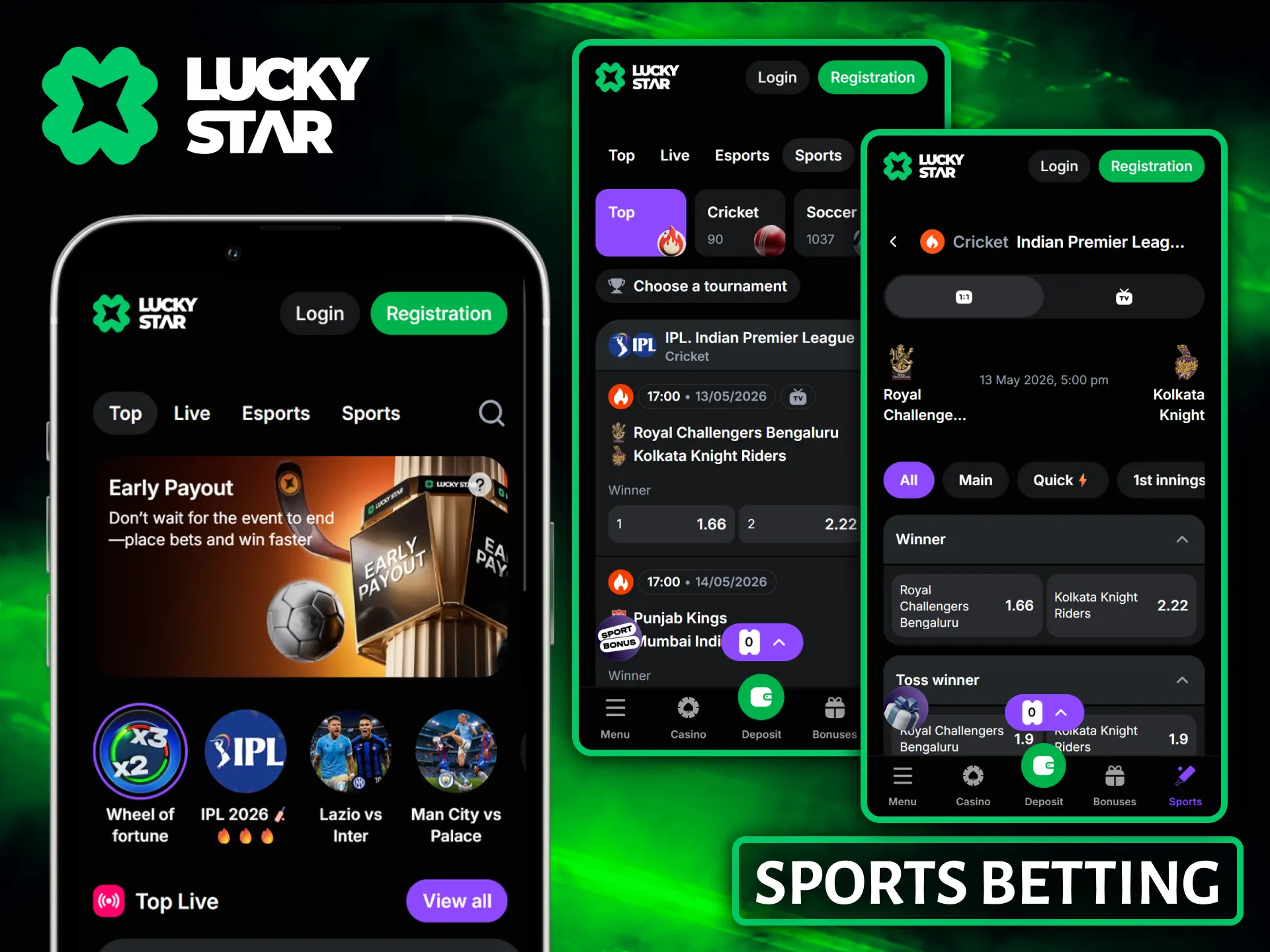The Lucky Star app provides access to a variety of sports betting markets with the option to cash out winnings early.