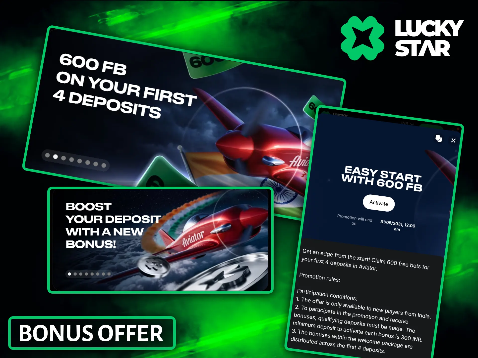 Take advantage of special free bet offers and reload bonuses for Aviator players at Lucky Star.