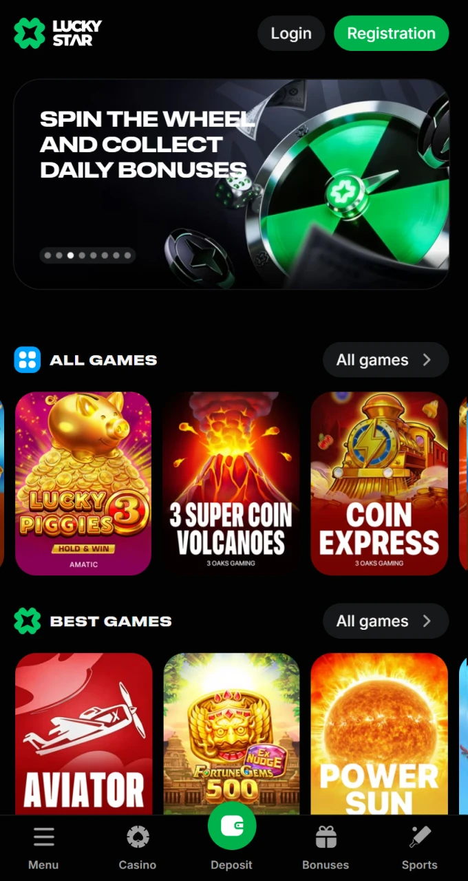 To access the main catalog of online games, open Lucky Star in your iOS browser.