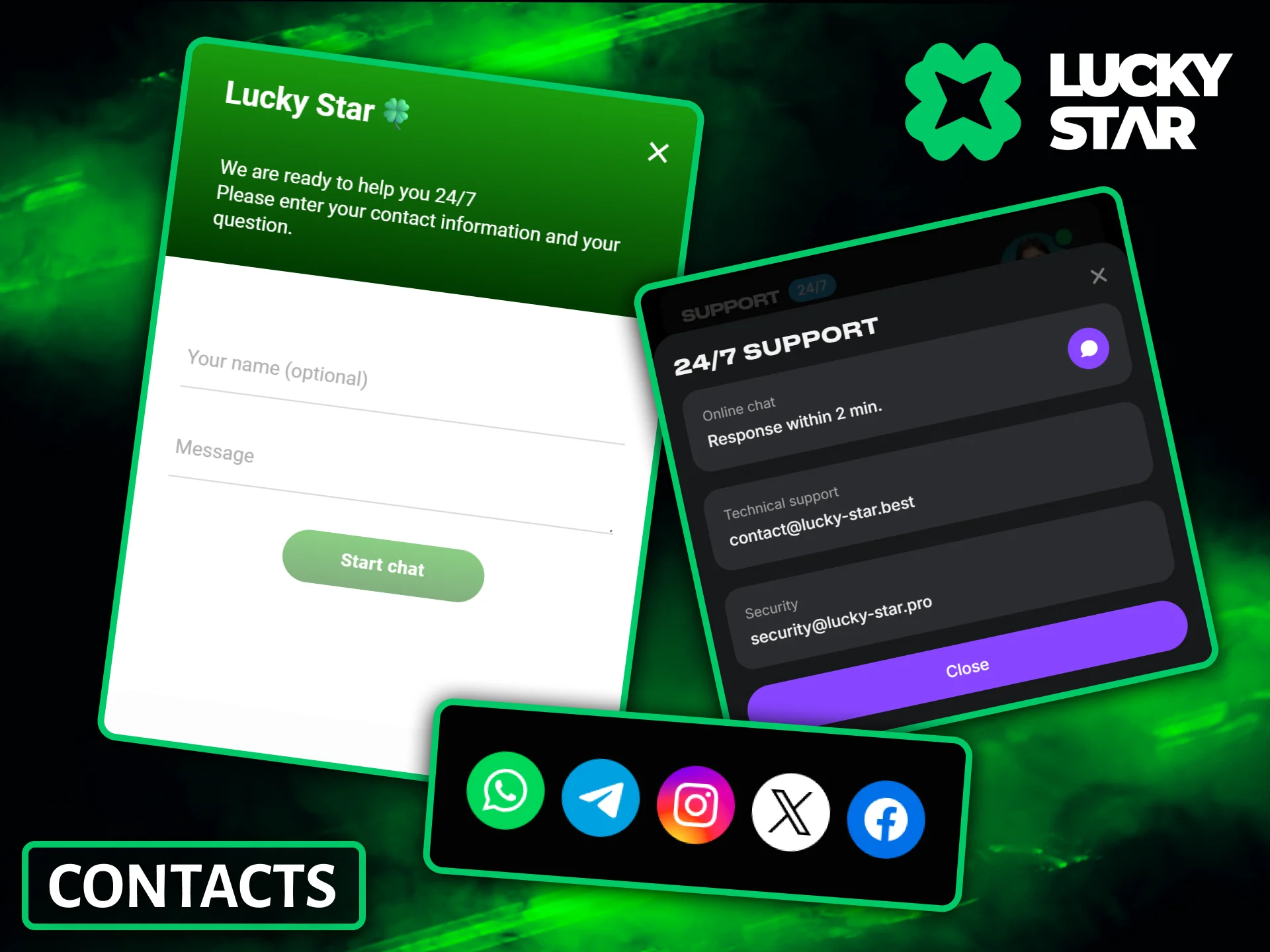 Connect with Lucky Star customer support agents through several active social media channels.
