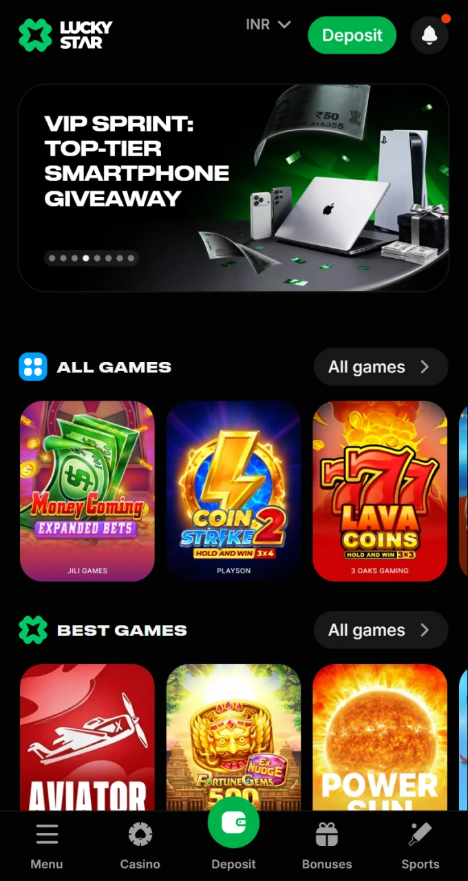 Confirm the bonus and select a game to start your journey in Lucky Star.