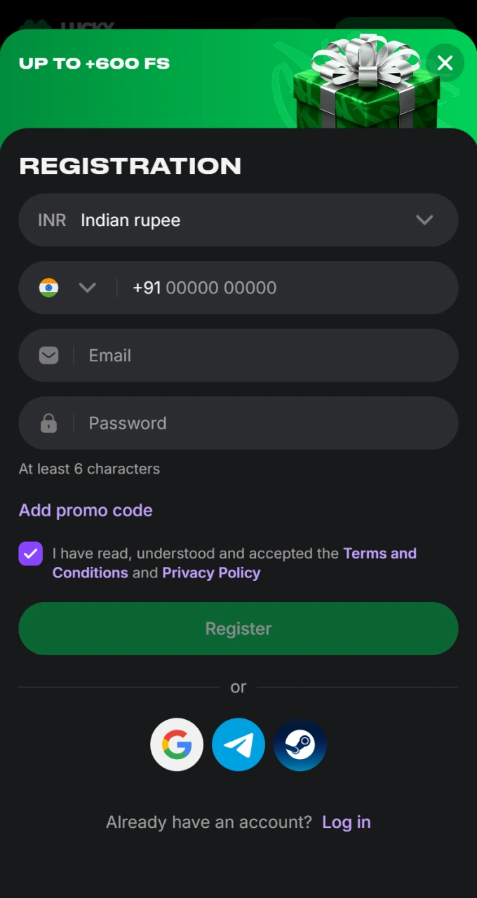 Create a new user account to unlock unique promotional offers on Lucky Star.