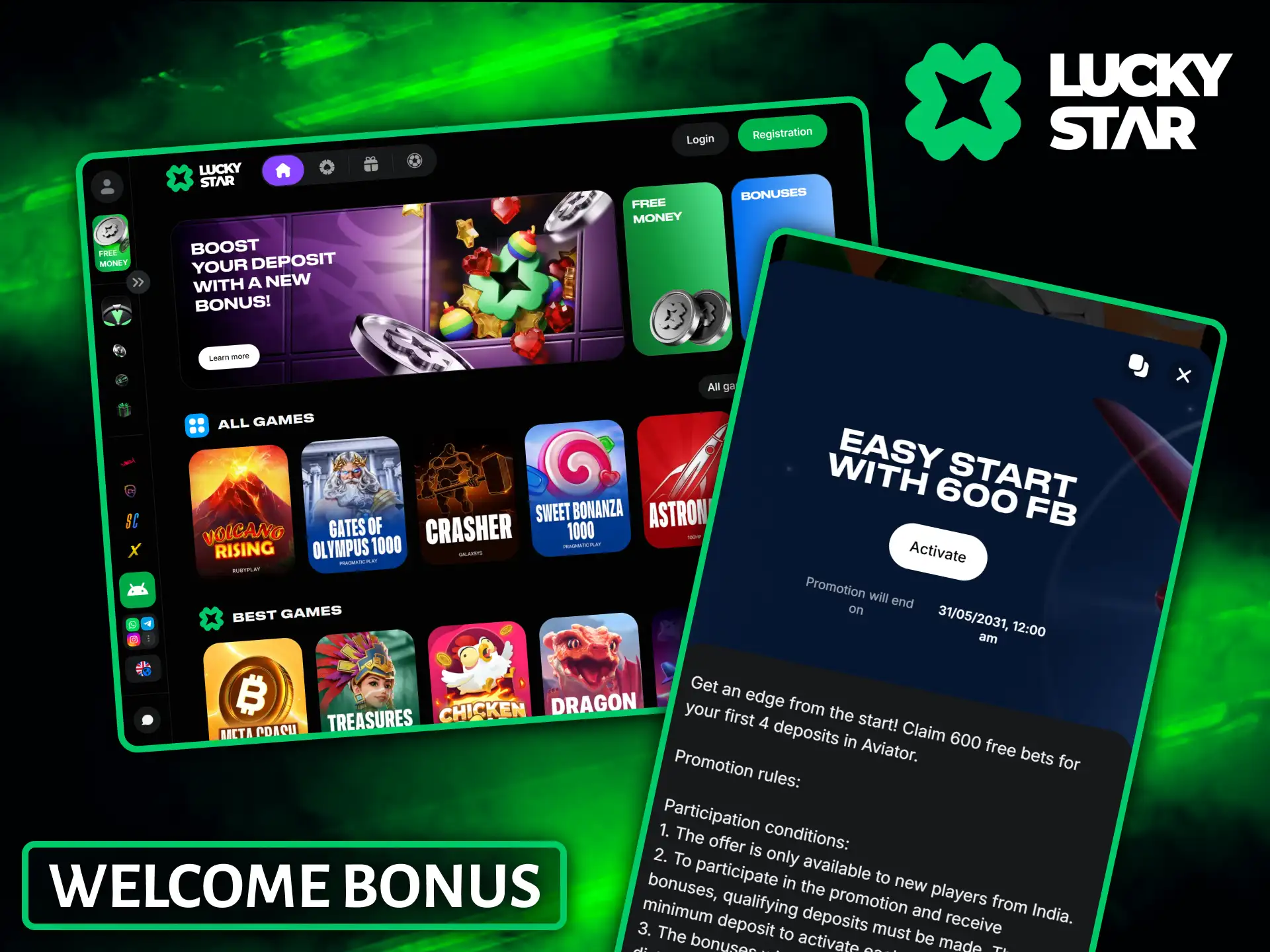 New players can activate a generous welcome bonus package on the Lucky Star platform.