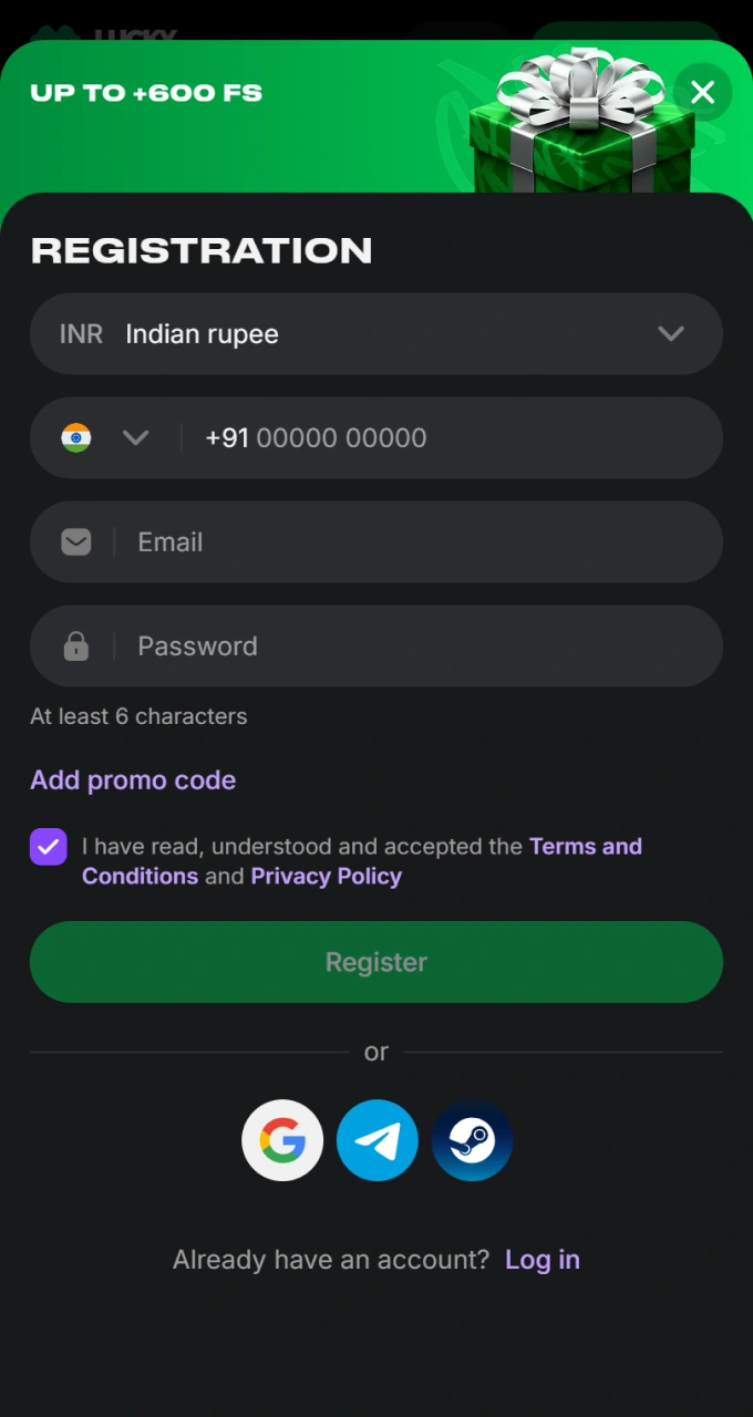 Create a new player profile using the quick registration form on Lucky Star.