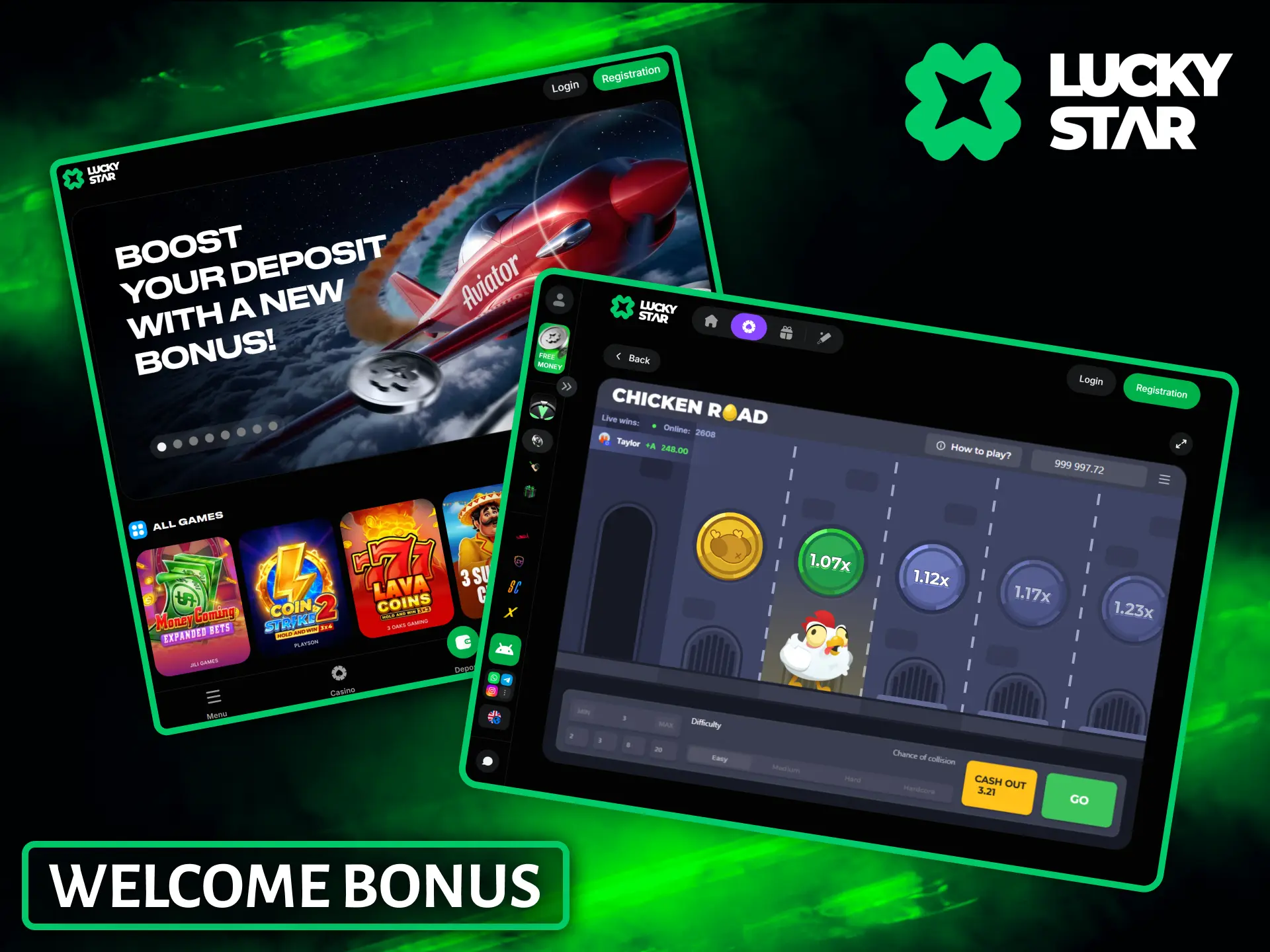 Claim a generous welcome bonus package to try fast games on Lucky Star.