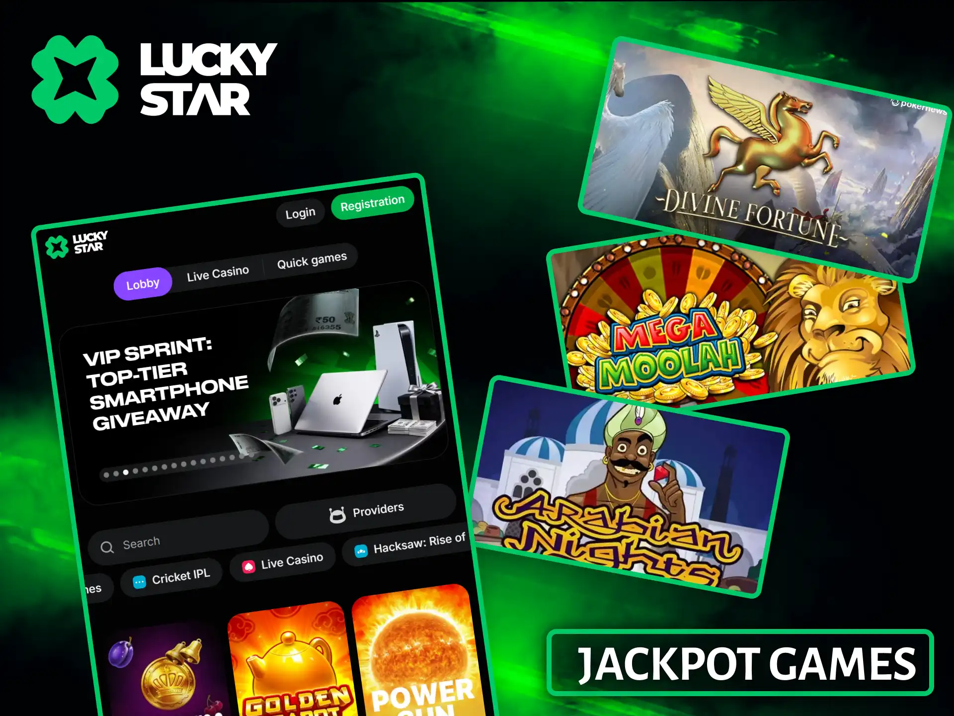 Try your luck and win huge progressive prizes in Lucky Star jackpot games.