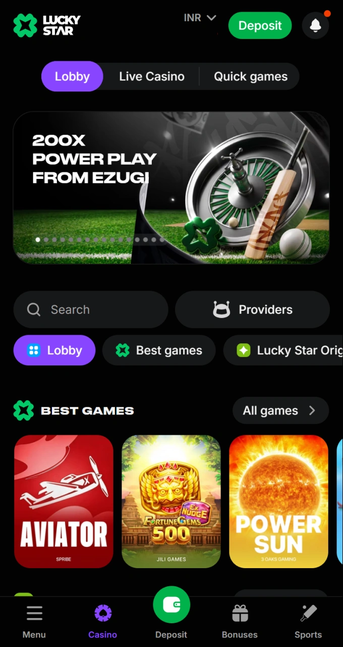 Pick an exciting online casino game from the diverse lobby catalog on Lucky Star.