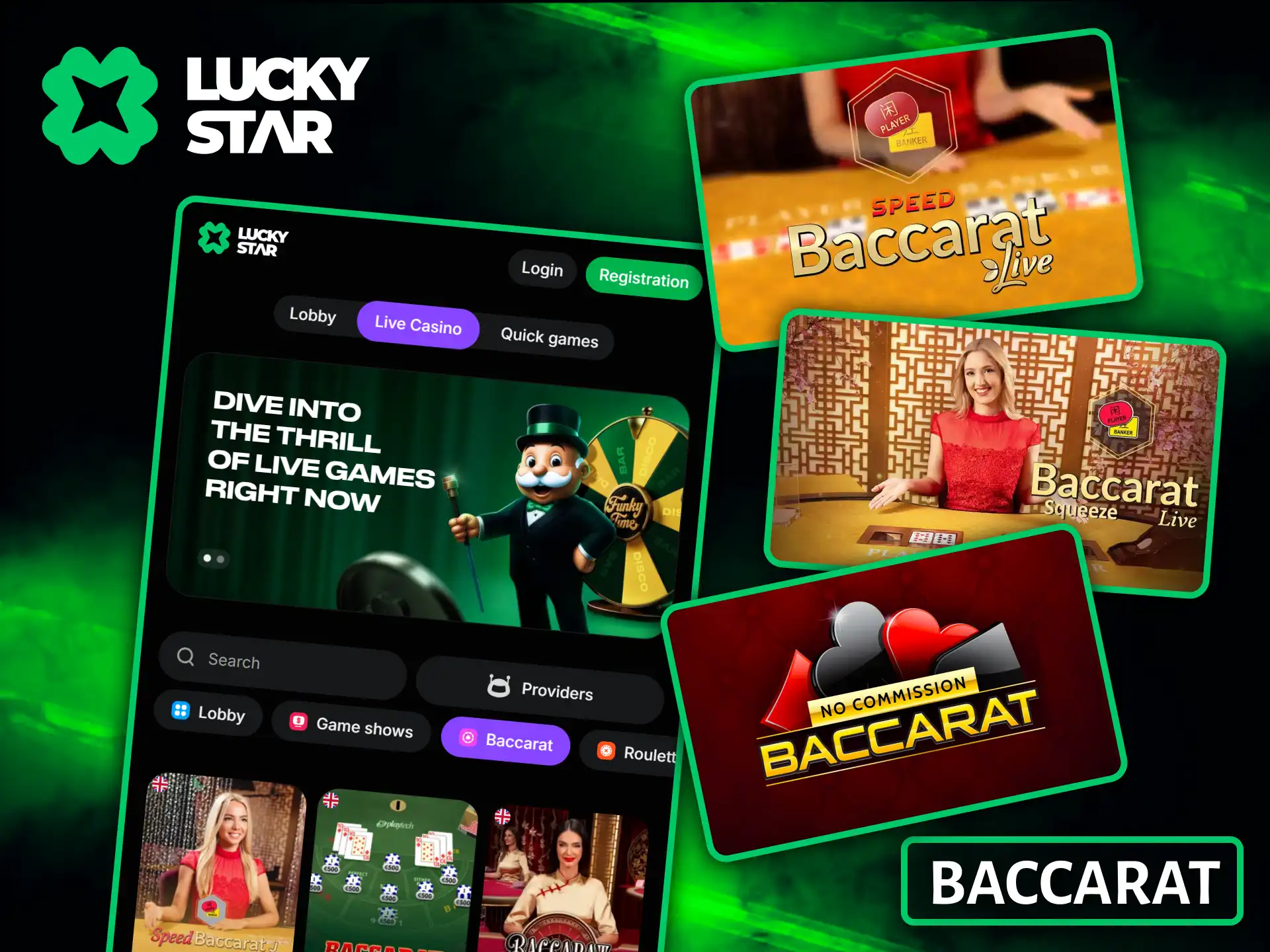 Experience the thrill of a real card game at Lucky Star's multiple baccarat tables.
