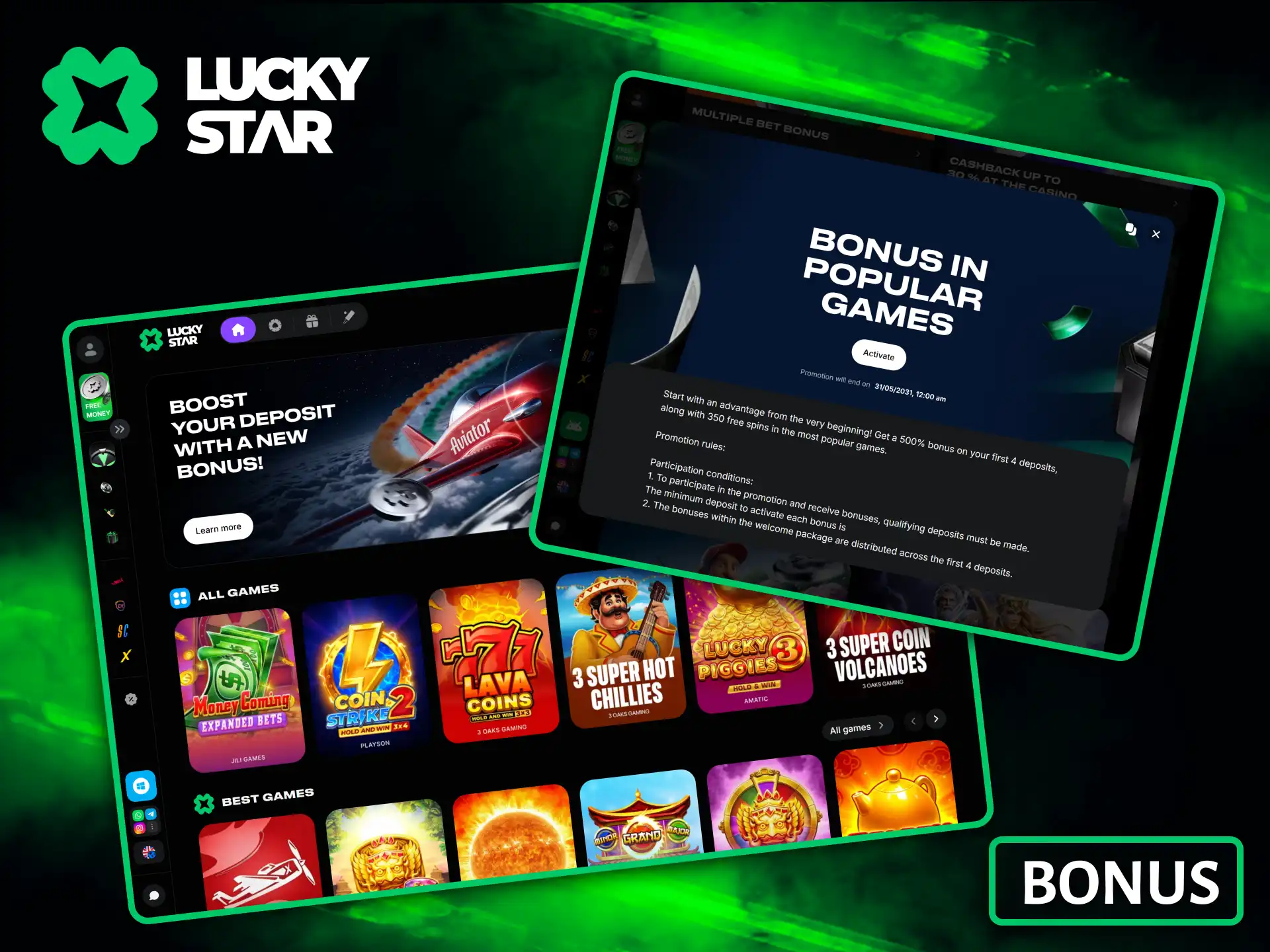 Take advantage of the generous welcome deposit bonus to enjoy exciting games at Lucky Star.