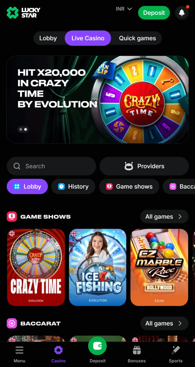 Browse game show categories in the Lucky Star lobby.