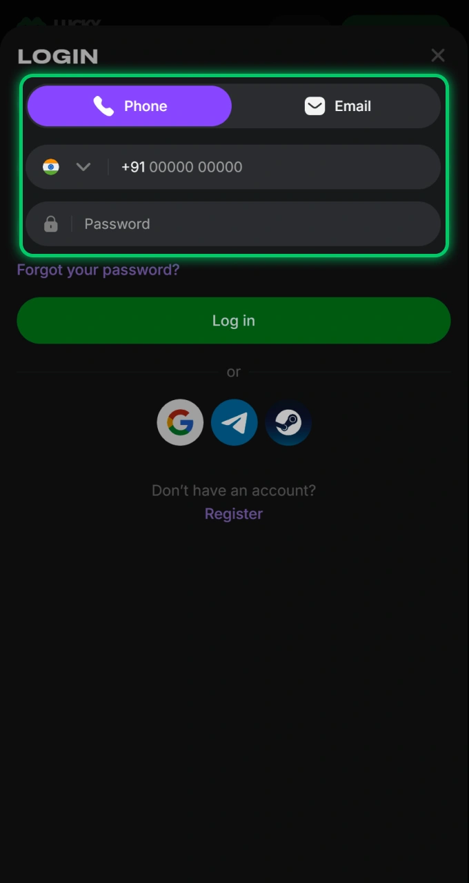 Enter your phone number and password details into the secure Lucky Star form.