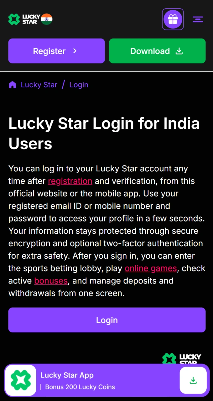 Click on the Lucky Star mobile app download button.