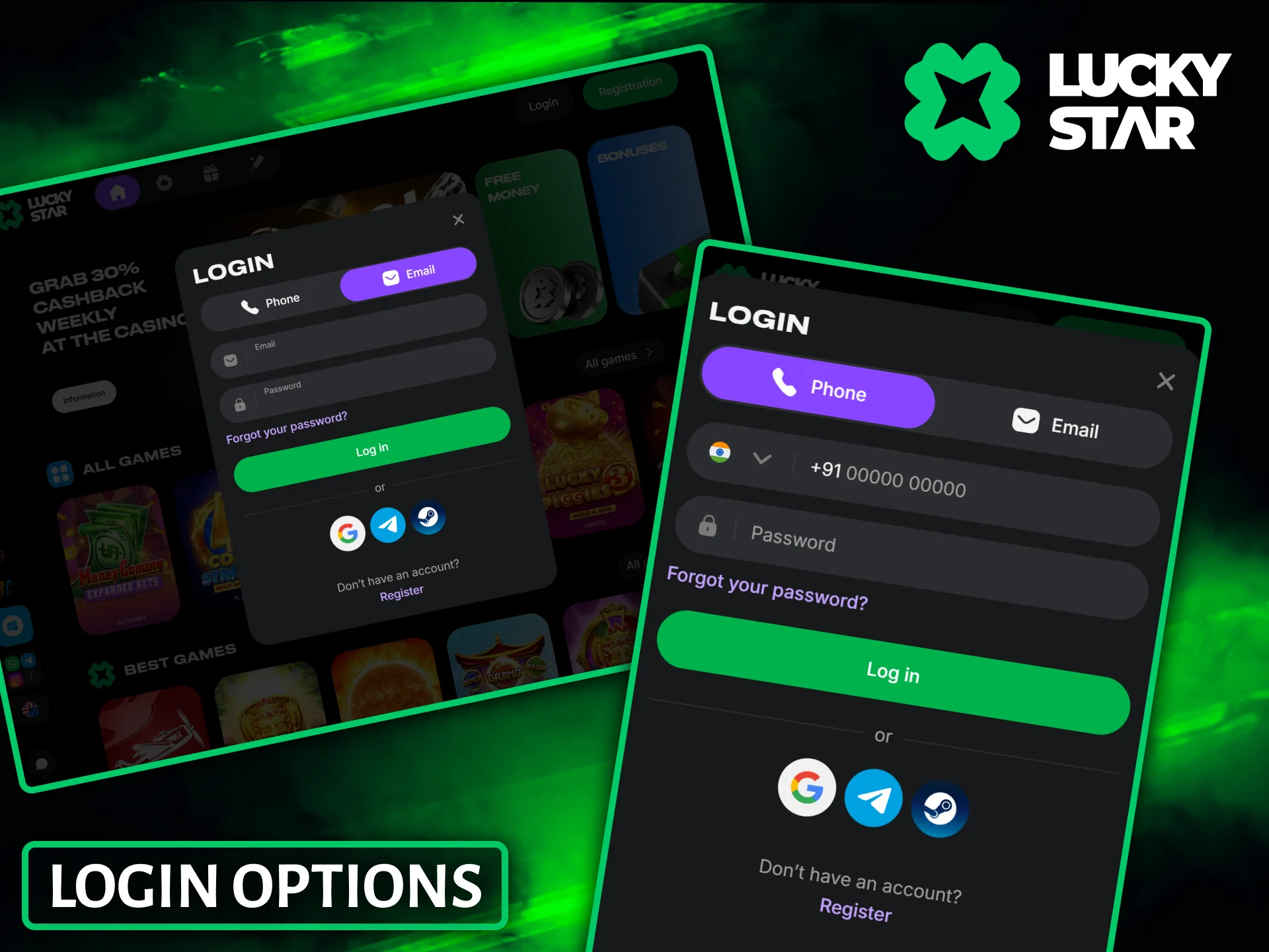 View the various secure and flexible login options available to users on Lucky Star.