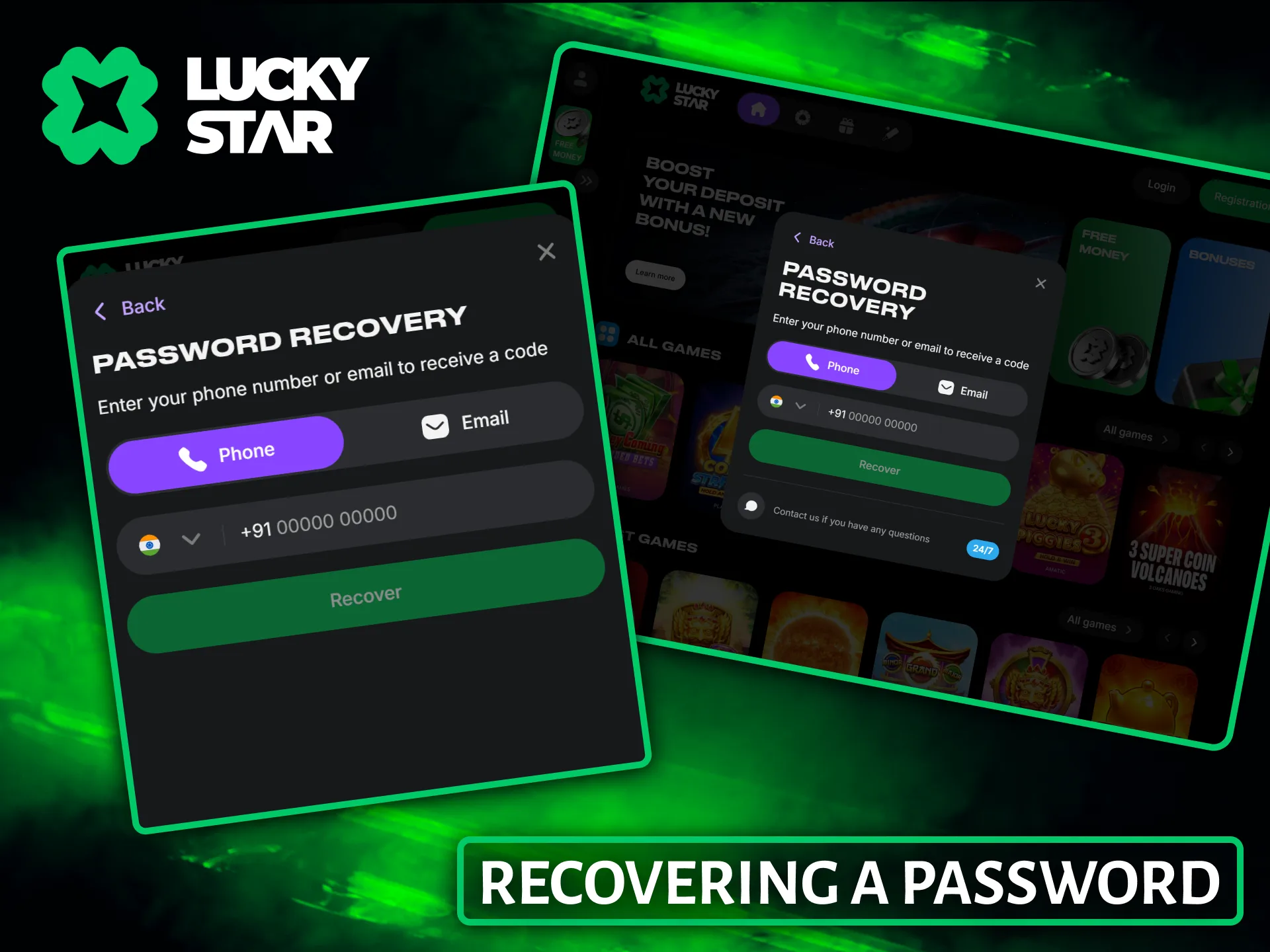 Follow simple phone or email verification steps for recovering a lost password on Lucky Star.
