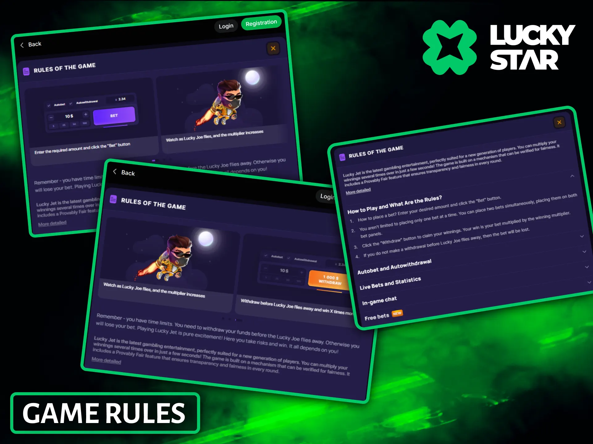 Check out the official game rules to learn how to play Lucky Jet on Lucky Star.