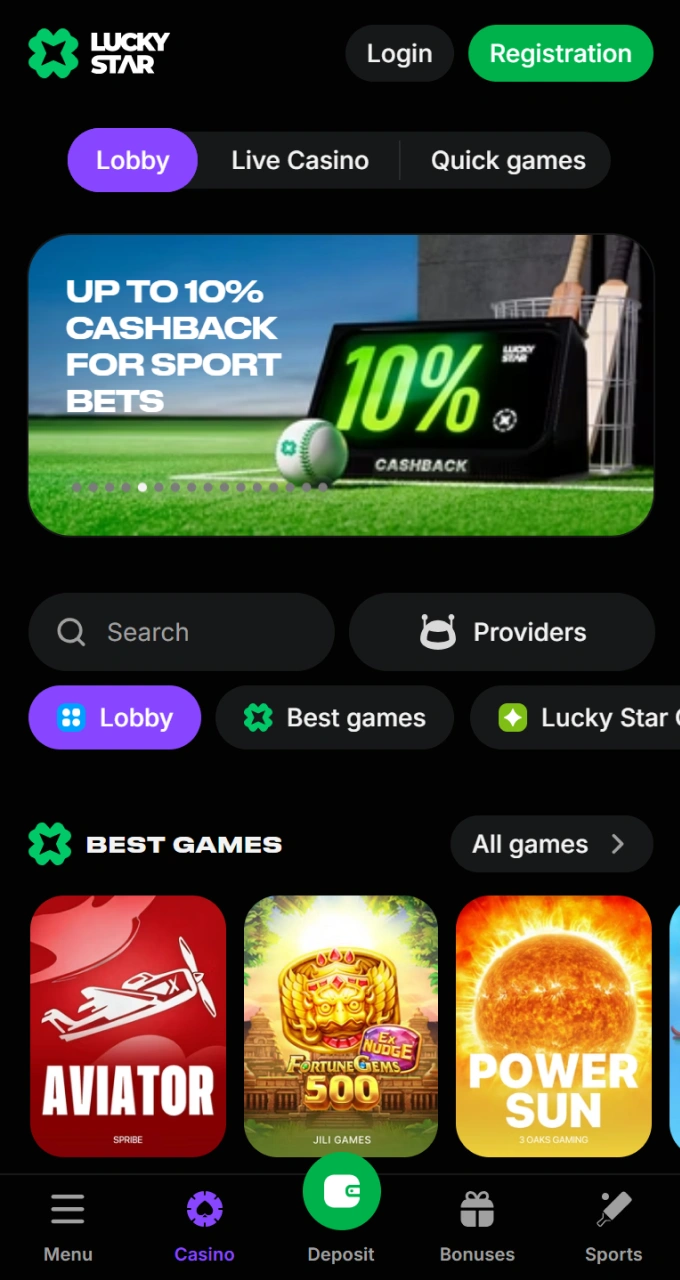 Visit the official mobile site's homepage to discover the best online games at Lucky Star.