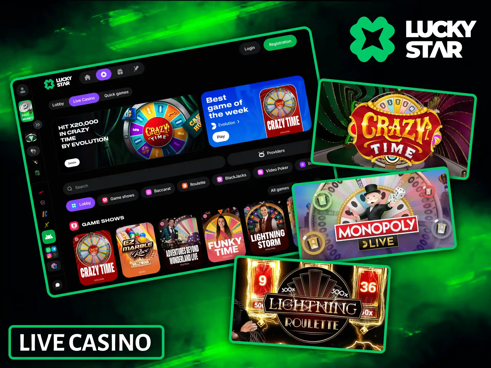 Experience authentic real-time dealers inside the immersive Lucky Star live casino lobby.