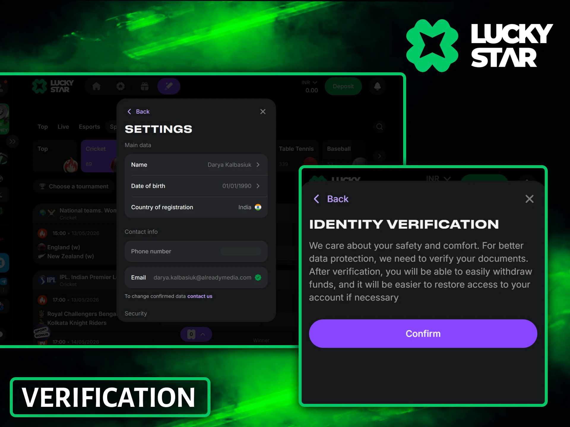 Ensure secure profile protection by completing the identity verification process on Lucky Star.