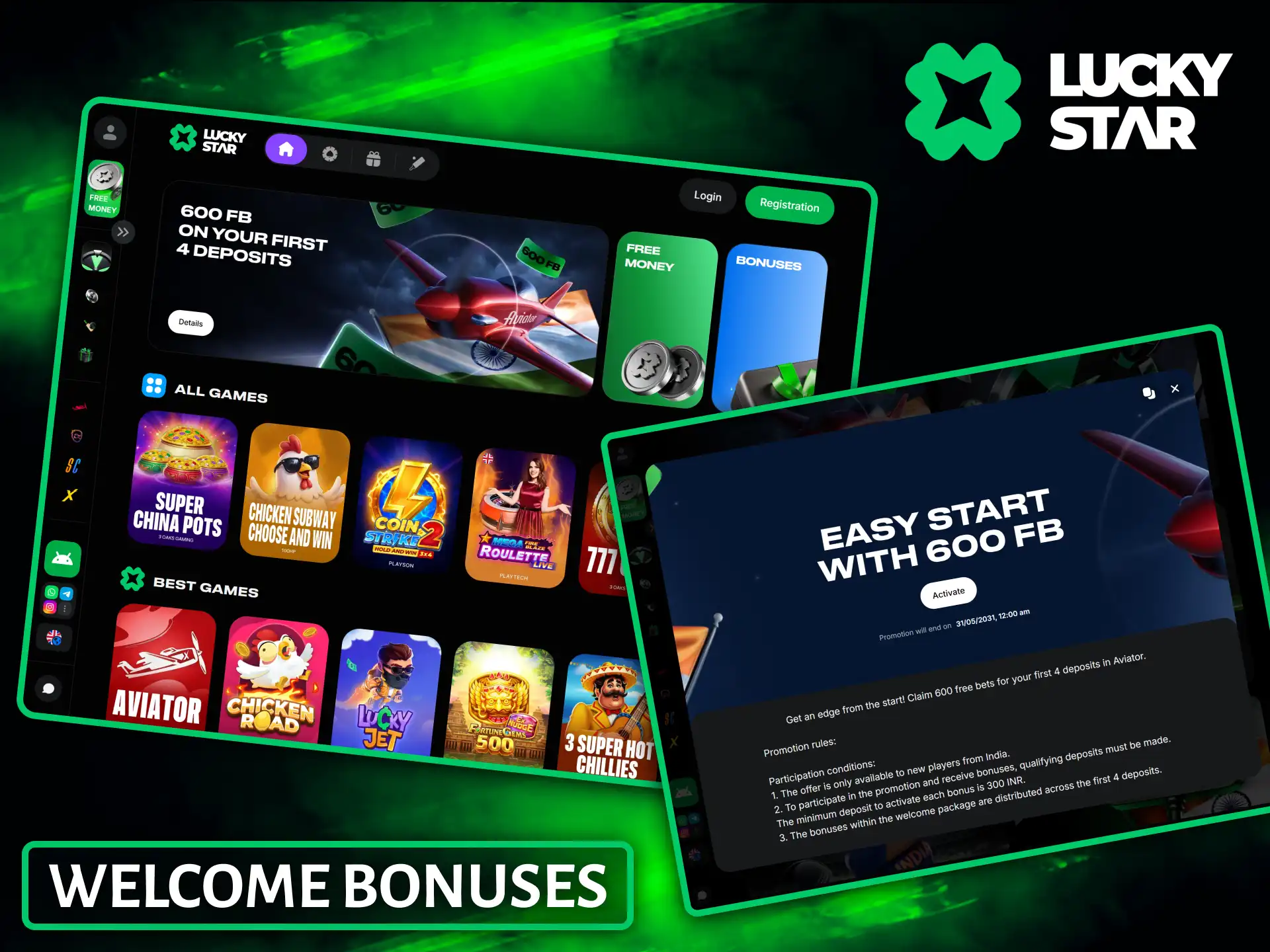 New users can claim generous welcome bonuses upon making their first Lucky Star deposits.