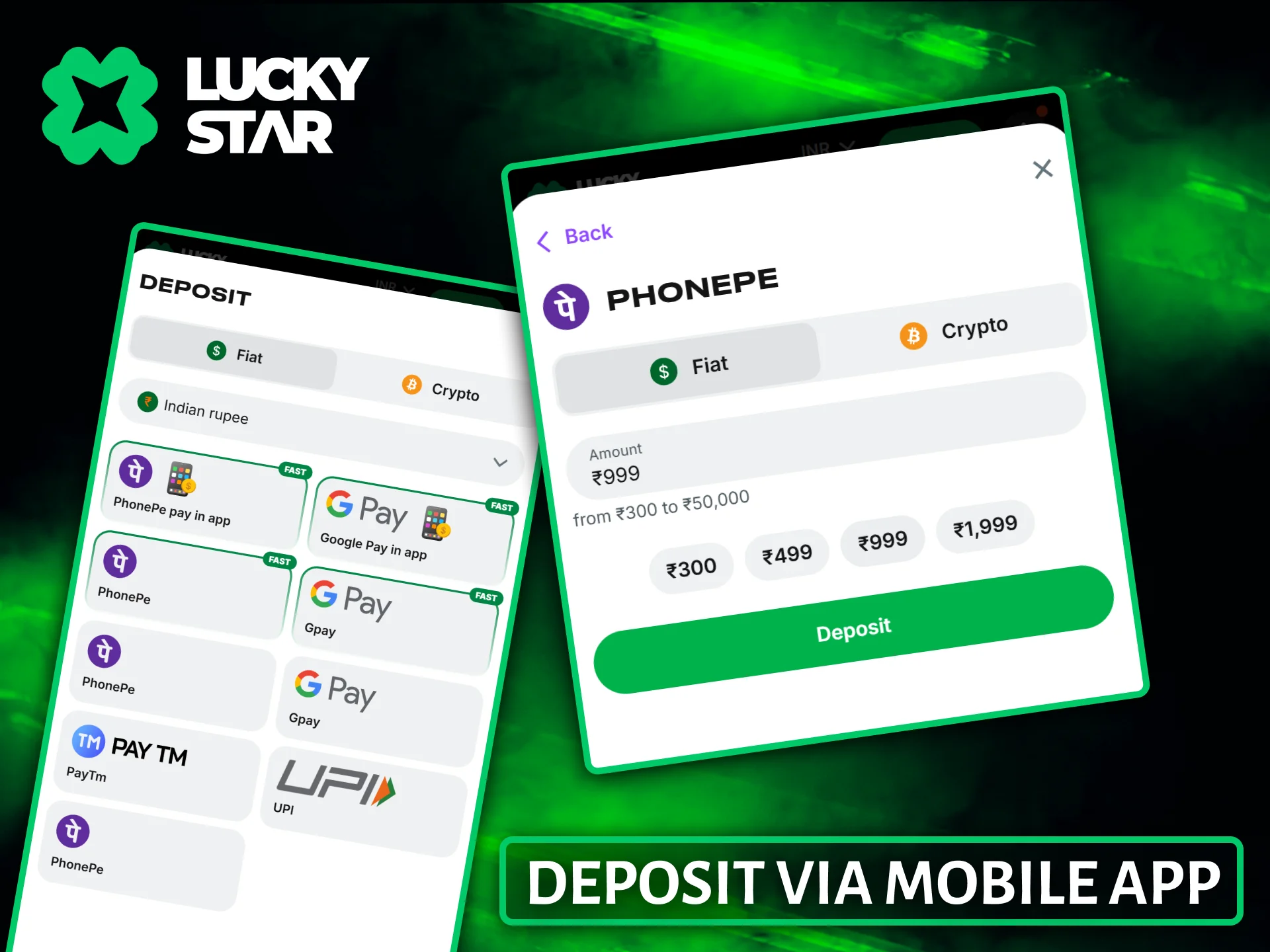 To top up your account in the Lucky Star app, select PhonePe or another fast payment method.