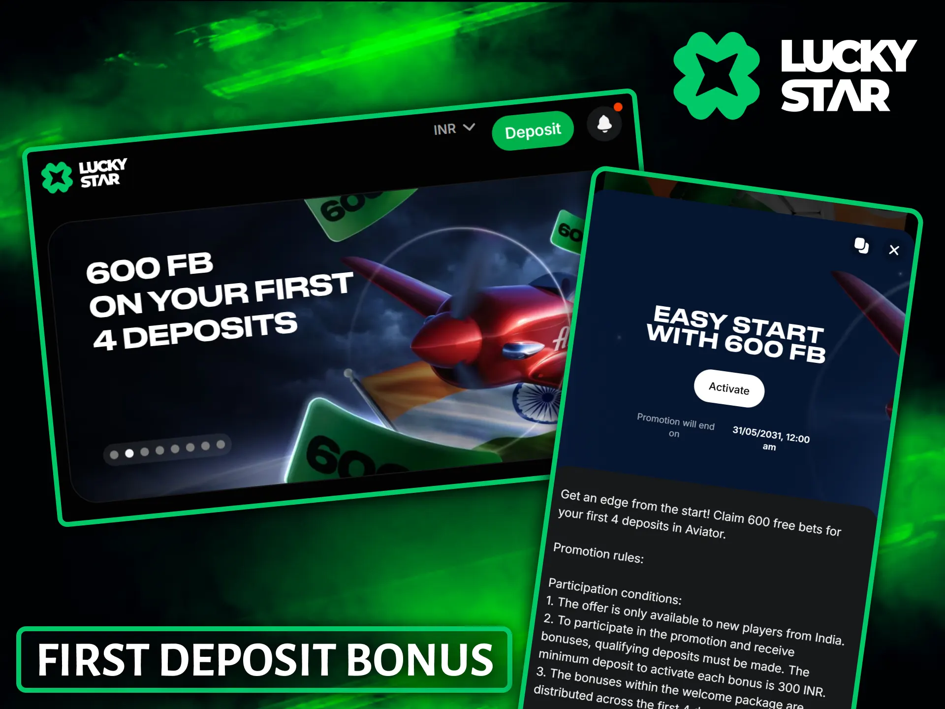 Receive a generous welcome bonus after making your first deposit on the Lucky Star platform.