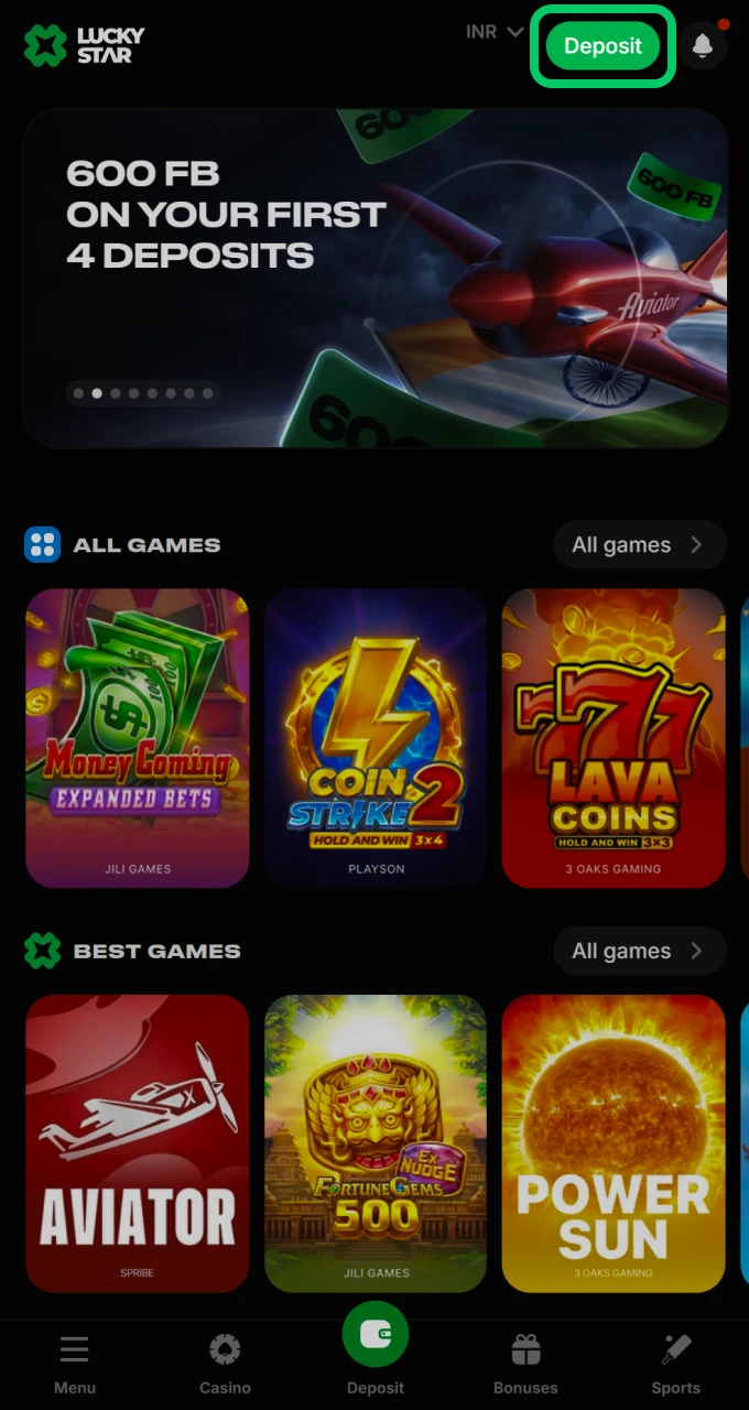 Click on the green top-up button at the top of the Lucky Star website.
