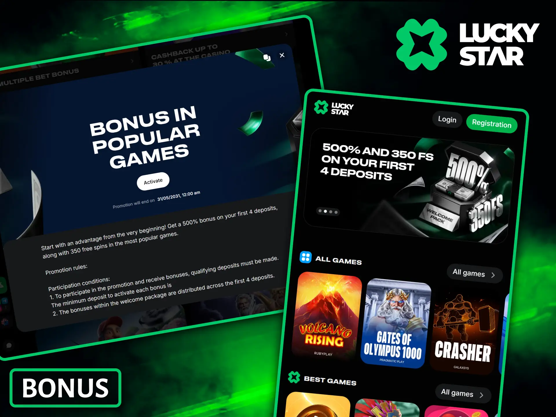 Claim a generous deposit welcome bonus on popular games after your Lucky Star registration.