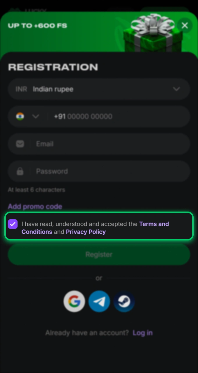 Check the required box to accept the official terms and conditions of Lucky Star.