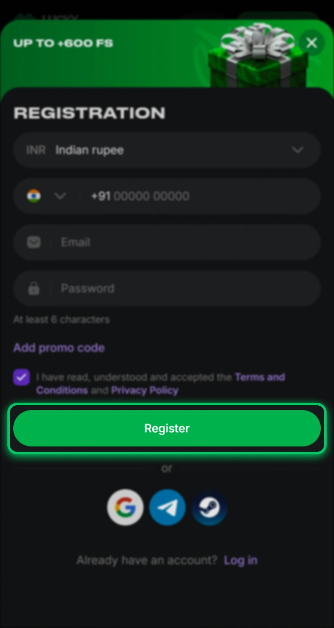 Click the green register button to finalize and confirm your new Lucky Star account.