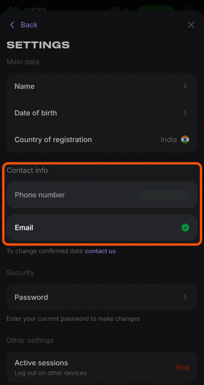 Confirm your contact email address successfully under the settings tab on Lucky Star.