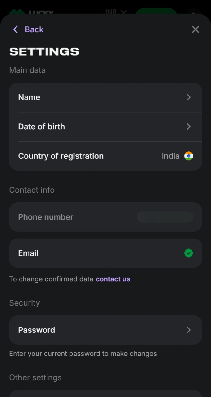 Provide your basic personal details inside the secure account settings of Lucky Star.