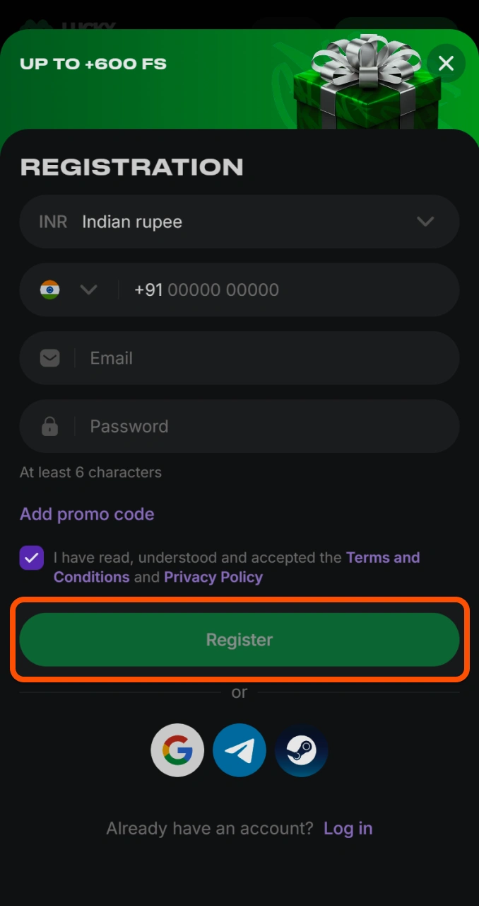 Tap the green register button to complete your account setup inside Lucky Star app.