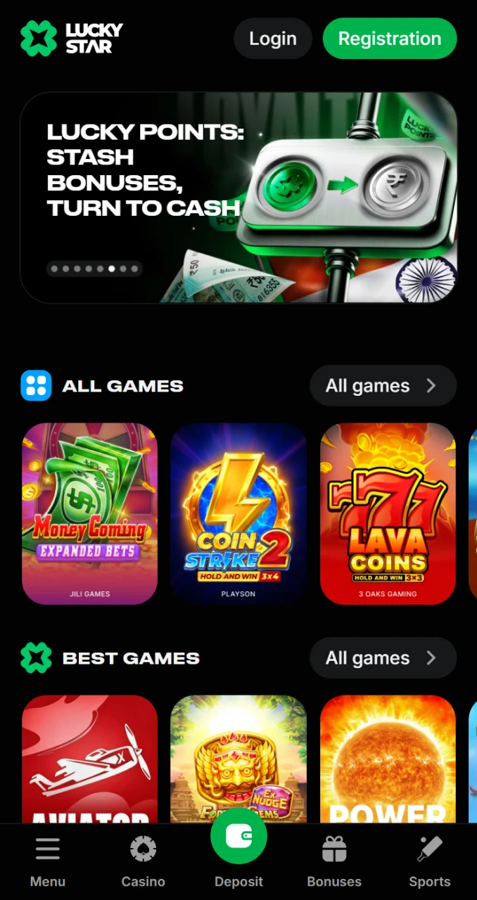 Open the official Lucky Star mobile website home page to browse available online games.