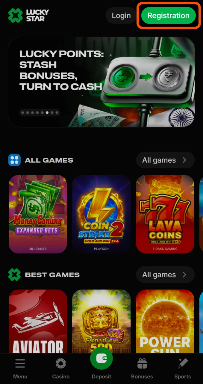 Tap the bright green registration button located at the top of Lucky Star interface.