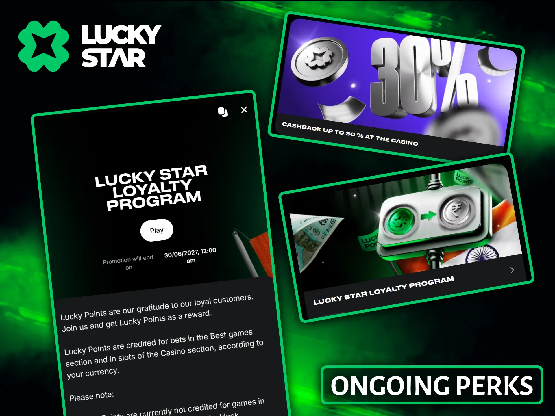 Active players can receive daily cashback and ongoing bonuses through the Lucky Star loyalty program.