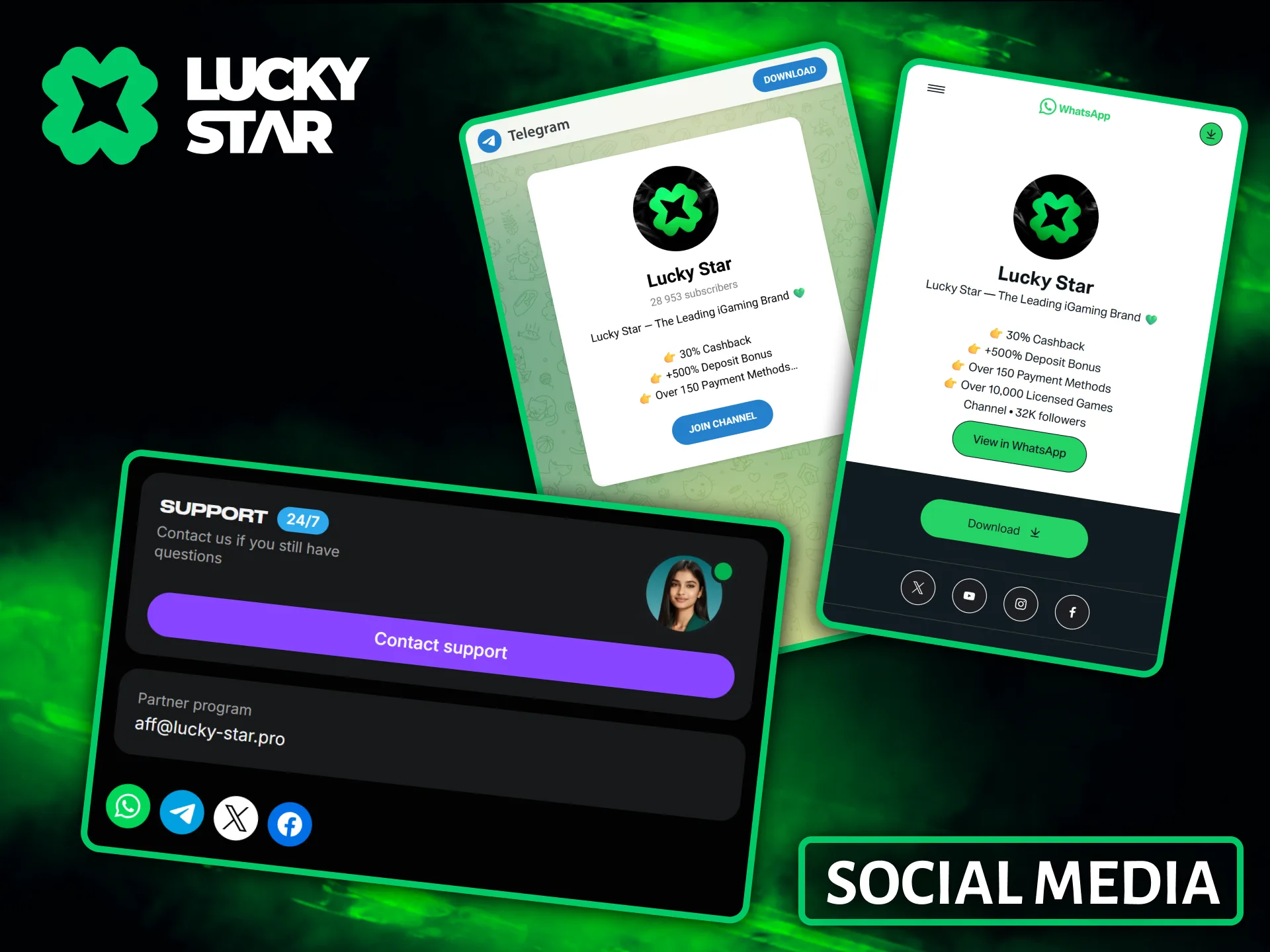 Follow the official community channels to receive updates and active social media support from Lucky Star.